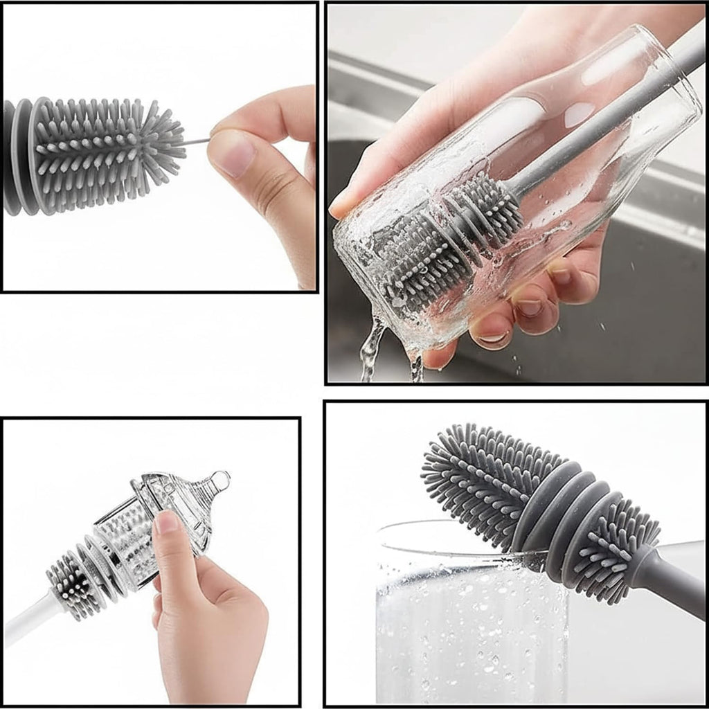 Multifunctional cleaning brush with bristle head and handle being used on a glass.