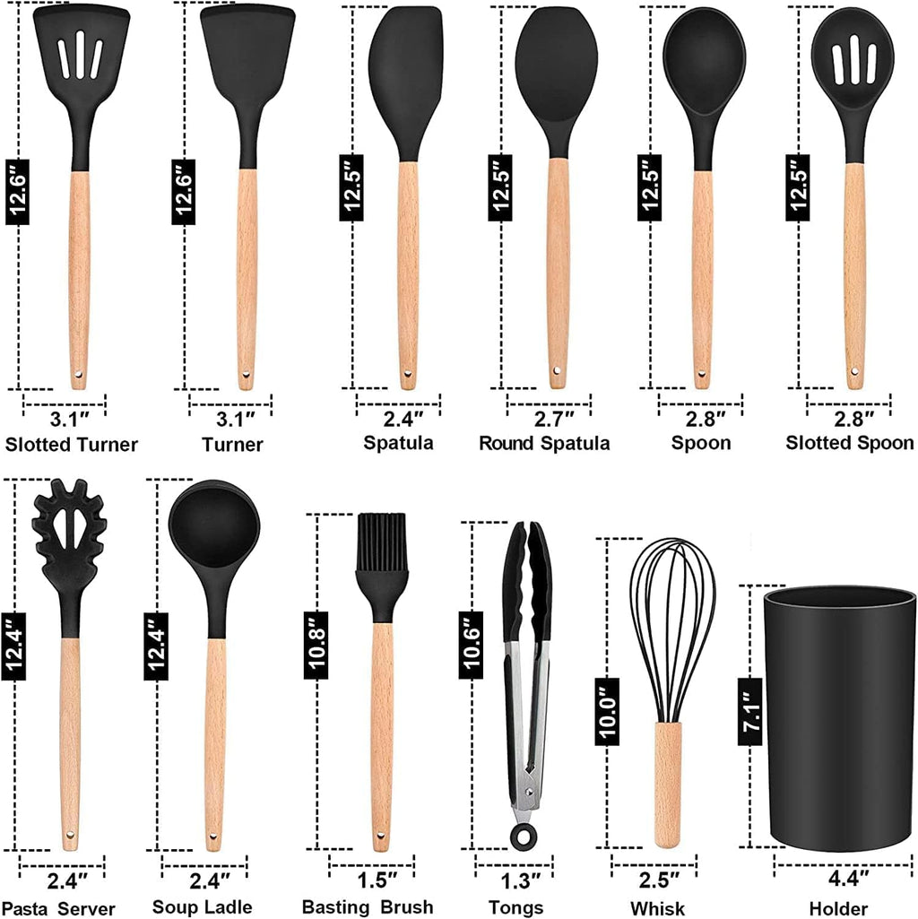 Set of kitchen utensils with measurements on a white background
