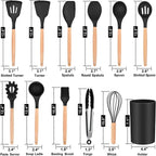 Set of kitchen utensils with measurements on a white background