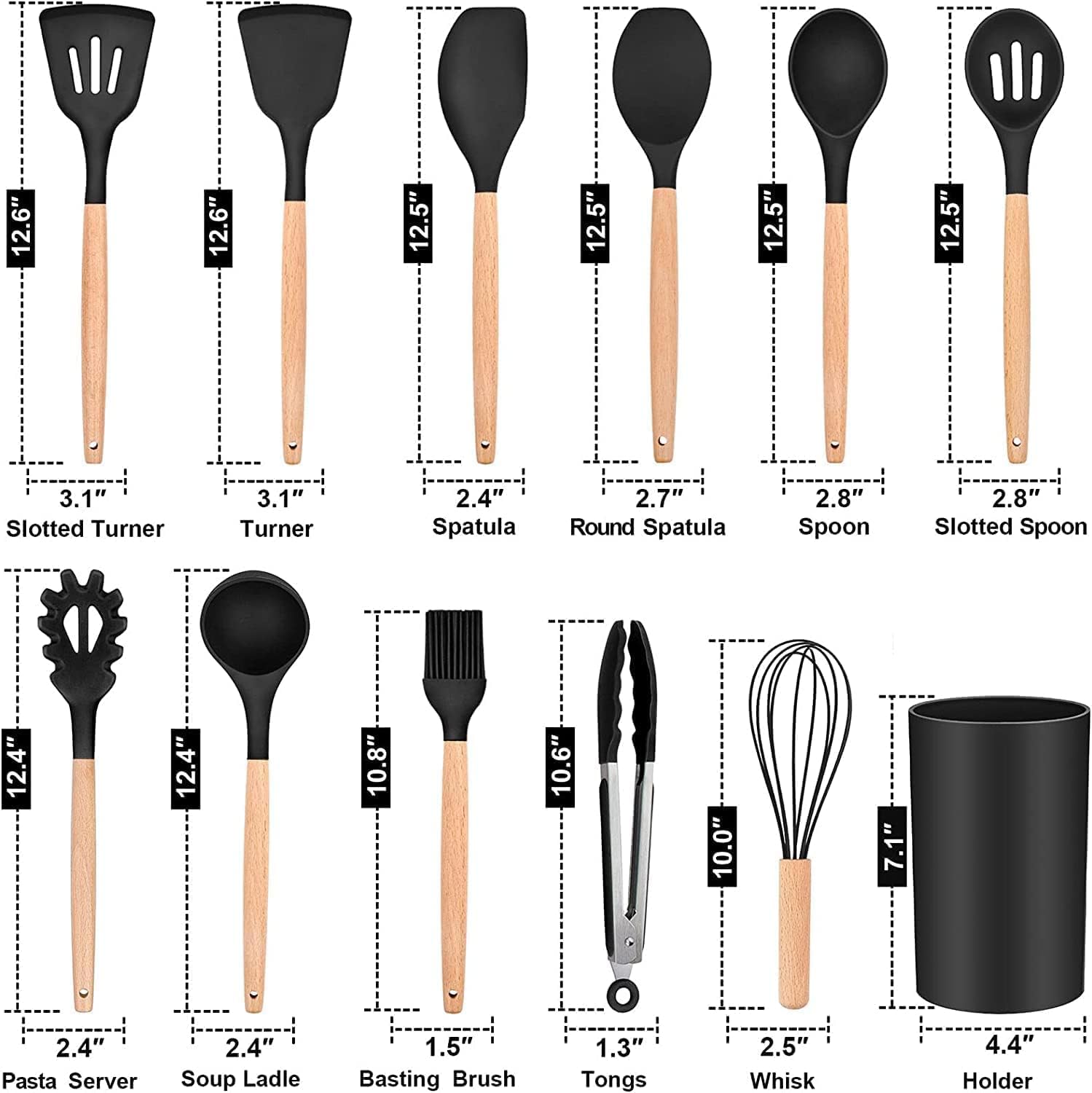 Set of kitchen utensils with measurements on a white background