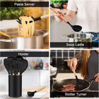 Collage of kitchen utensils including a pasta server, soup ladle, holder with utensils, and slotted turner.