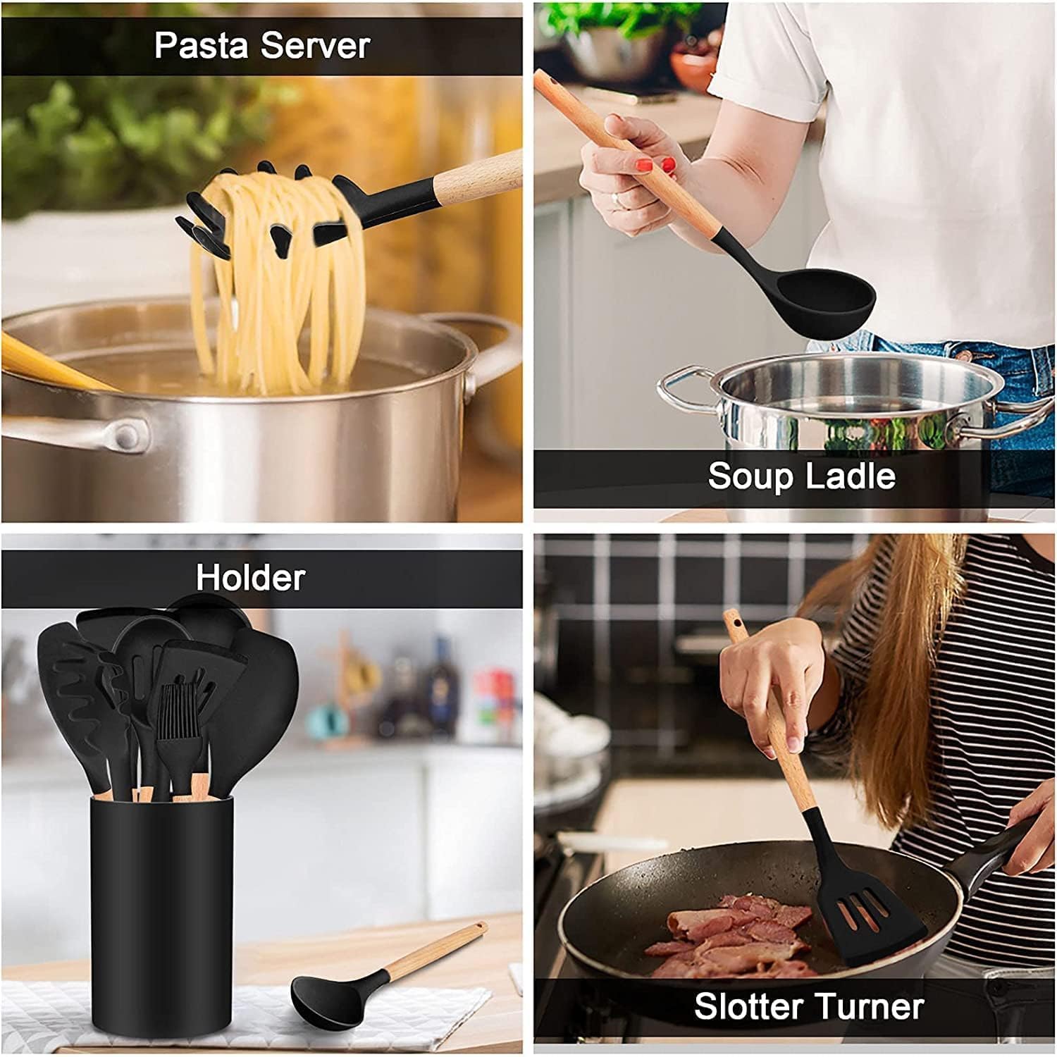 Collage of kitchen utensils including a pasta server, soup ladle, holder with utensils, and slotted turner.