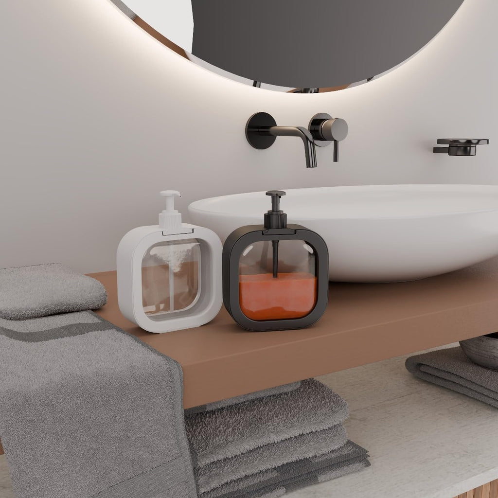 Bathroom setup with sink, mirror, and toiletries on a wooden counter.