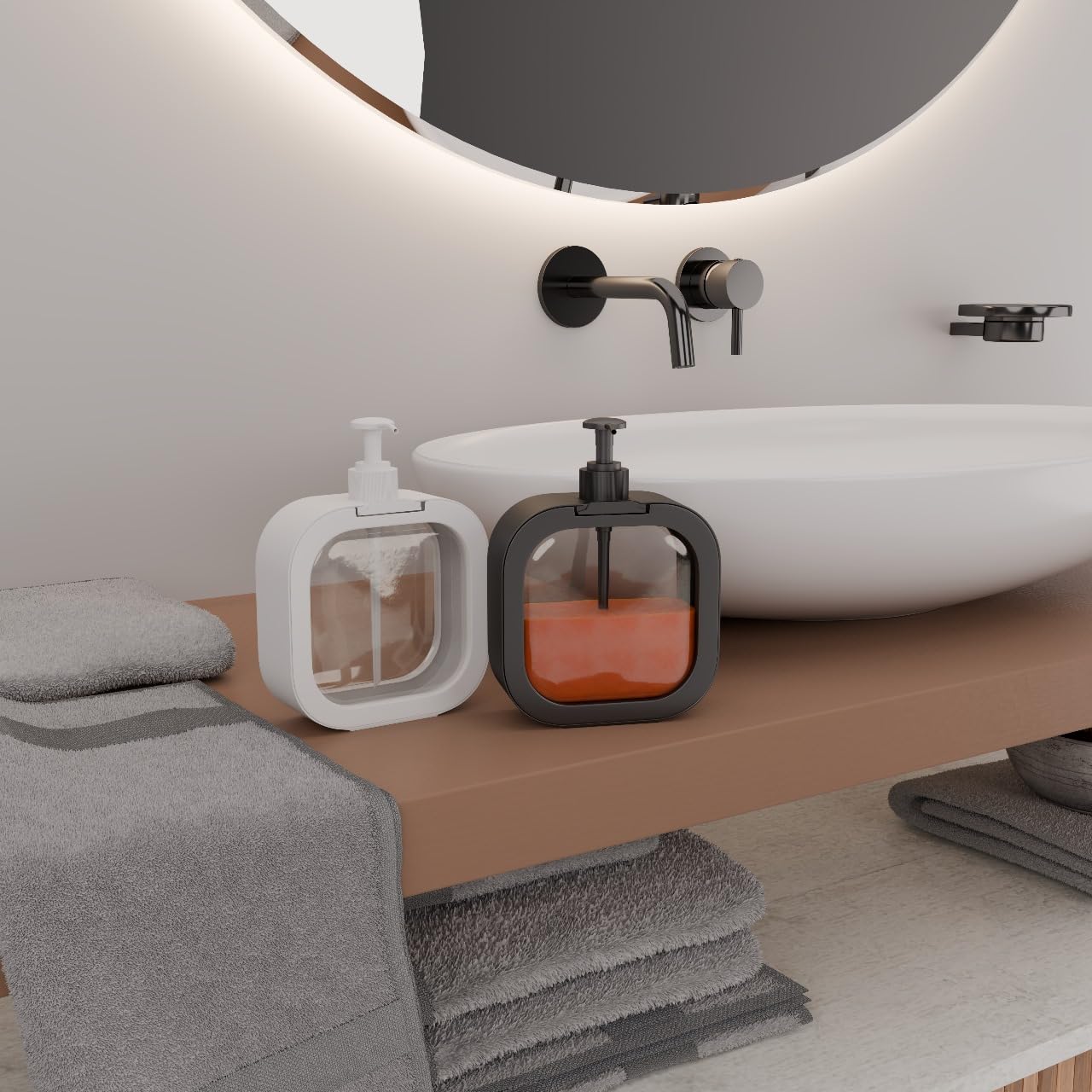 Bathroom setup with sink, mirror, and toiletries on a wooden counter.