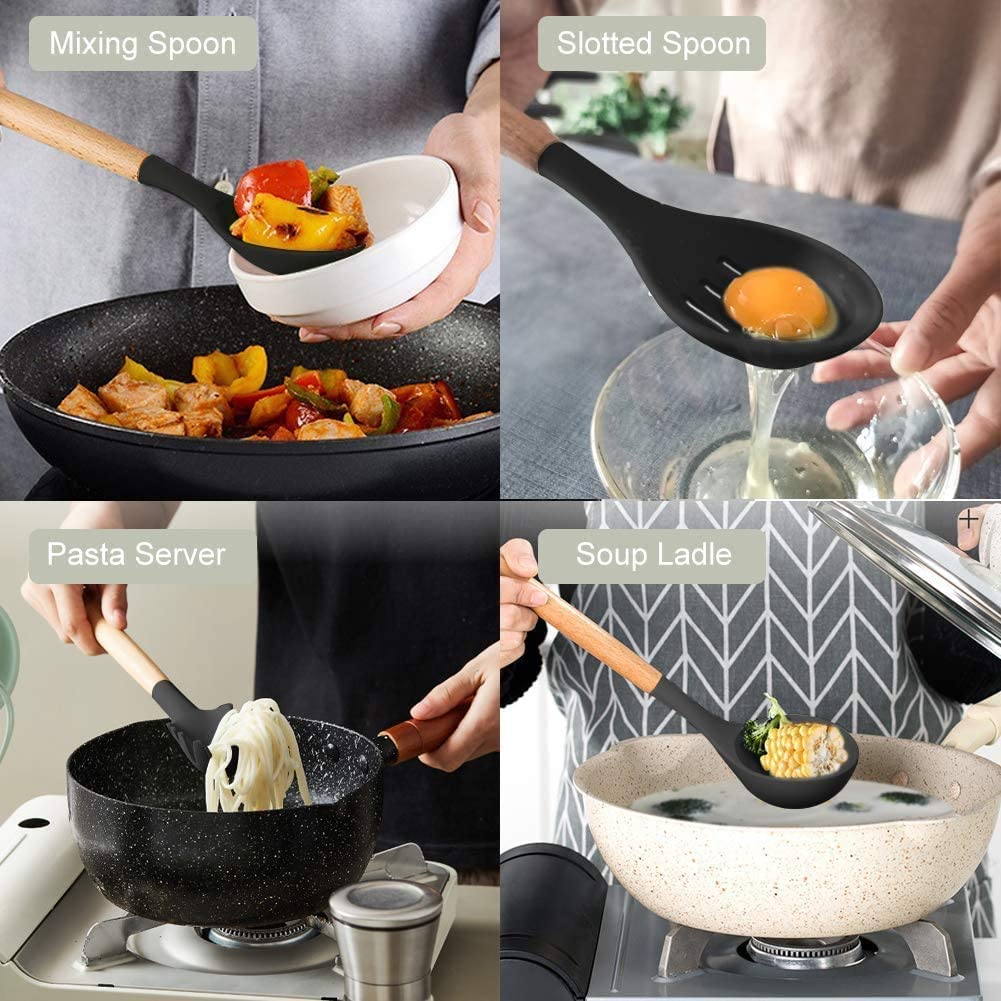Collage of kitchen utensils in use with labels on a neutral background