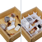 Before and after comparison of a wooden drawer with makeup items and an organizer.