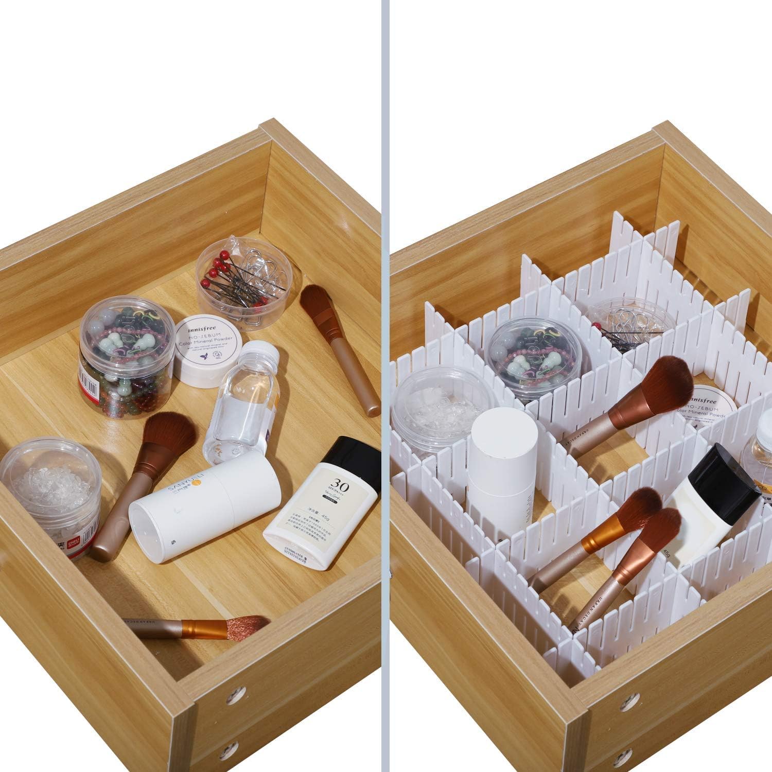 Before and after comparison of a wooden drawer with makeup items and an organizer.