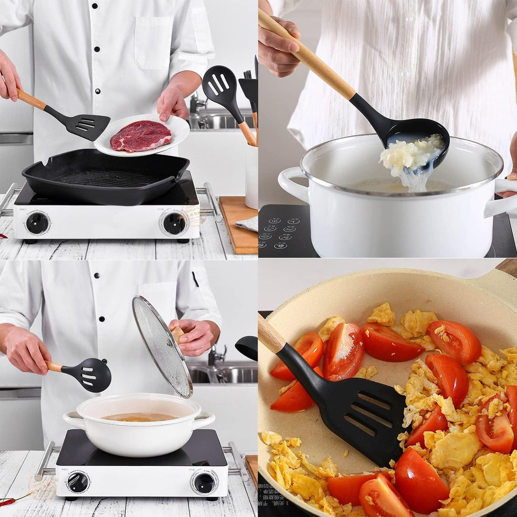 Collage of cooking scenes with a person using kitchen utensils on a stove.