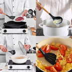 Collage of cooking scenes with a person using kitchen utensils on a stove.