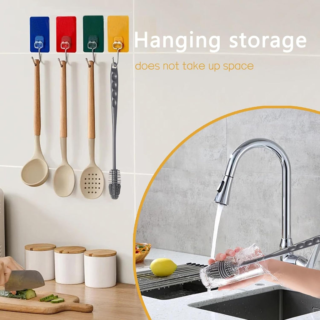 Colorful hanging hooks on a kitchen wall with kitchen utensils and a close-up of a sink.