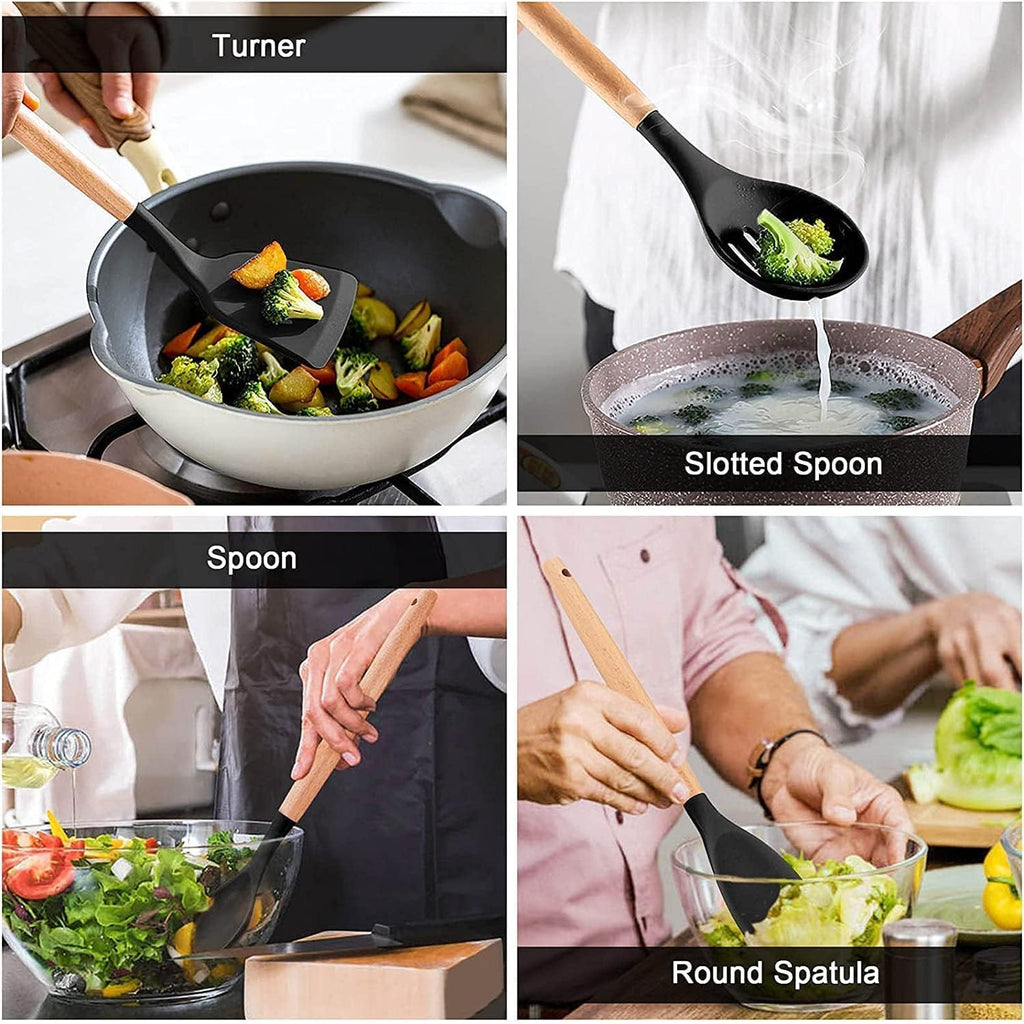 Collage of kitchen utensils in use with labels for 'Turner', 'Slotted Spoon', 'Spoon', and 'Round Spatula'.