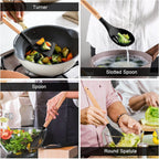 Collage of kitchen utensils in use with labels for 'Turner', 'Slotted Spoon', 'Spoon', and 'Round Spatula'.