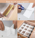 Step-by-step process of measuring, cutting, assembling, and completing a wooden organizer with white inserts.