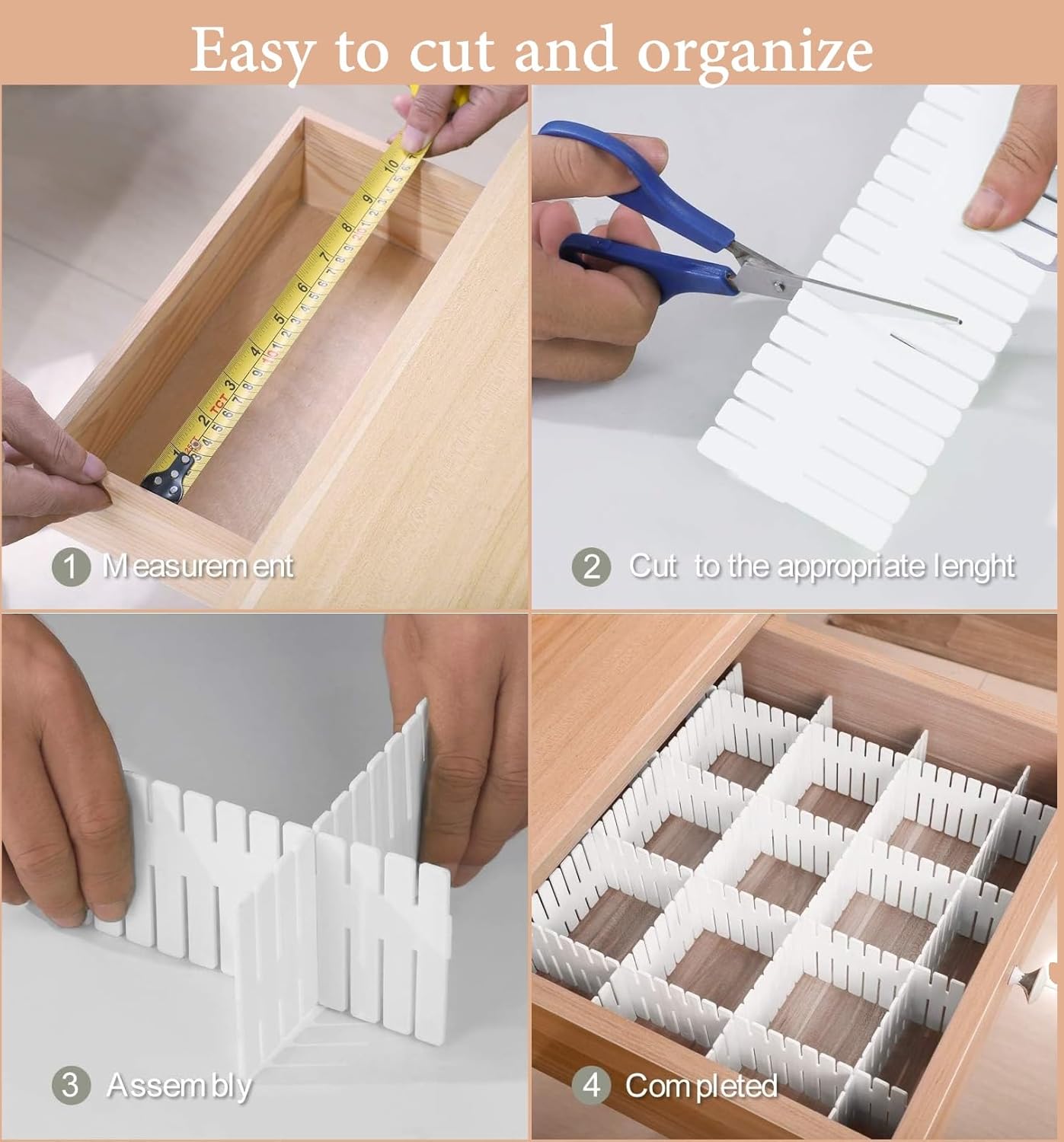 Step-by-step process of measuring, cutting, assembling, and completing a wooden organizer with white inserts.