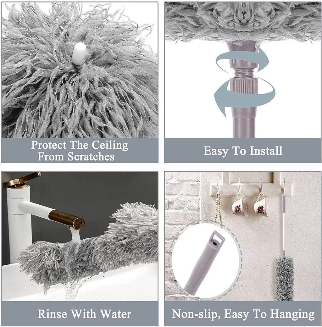 Collage of a feather duster with features highlighted on a white background