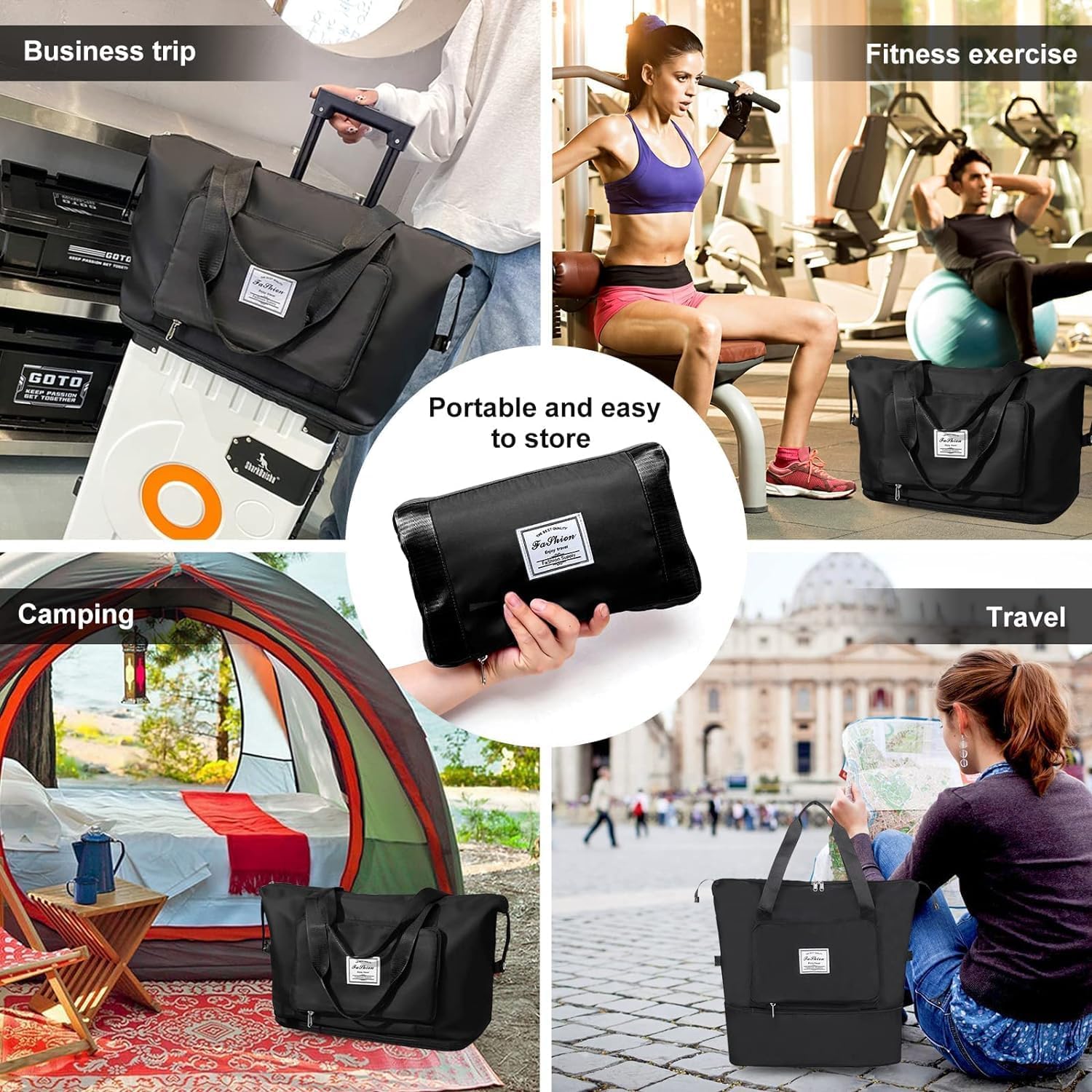 Collage of a black bag used for business trip, fitness exercise, camping, and travel.