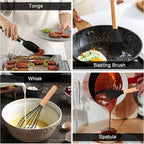 Set of kitchen utensils including tongs, basting brush, whisk, and spatula with their respective uses shown.