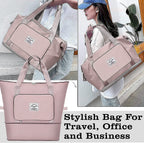 Pink bag with a visible brand logo, shown in different settings including a person carrying it.