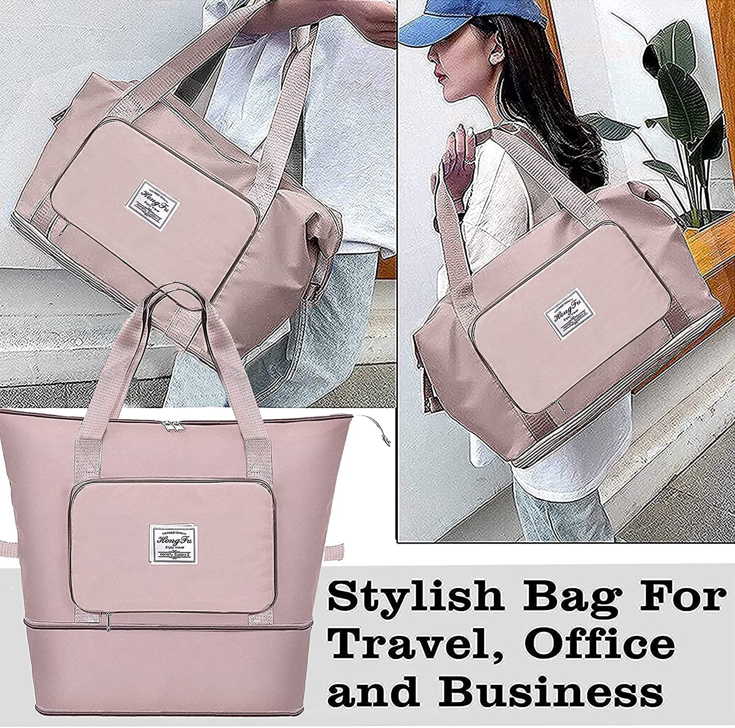 Pink bag with a visible brand logo, shown in different settings including a person carrying it.