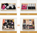 Before and after comparison of a wooden drawer organizer with various items.