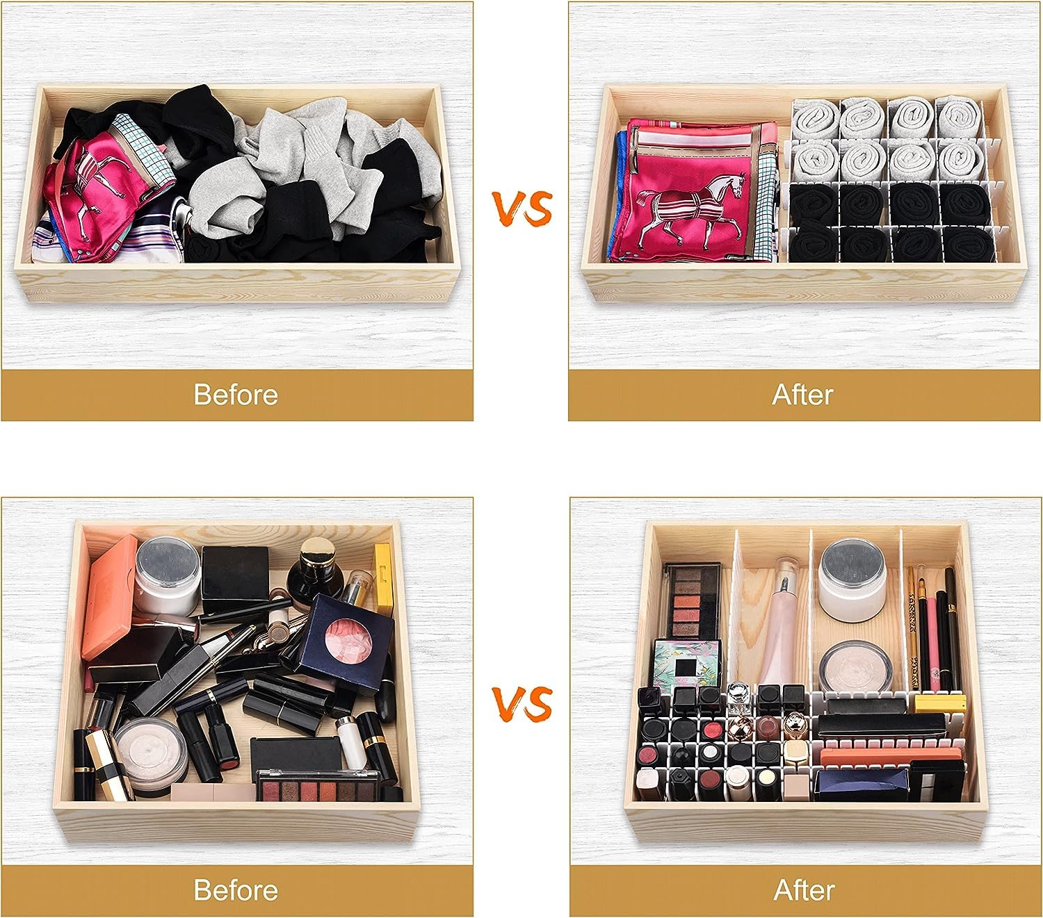 Before and after comparison of a wooden drawer organizer with various items.