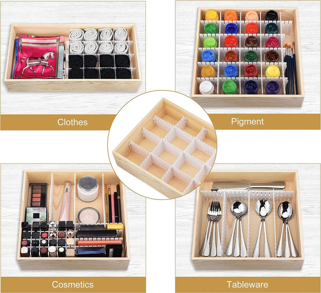 Wooden organizer with compartments for clothes, pigment, cosmetics, and tableware.