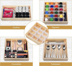 Wooden organizer with compartments for clothes, pigment, cosmetics, and tableware.