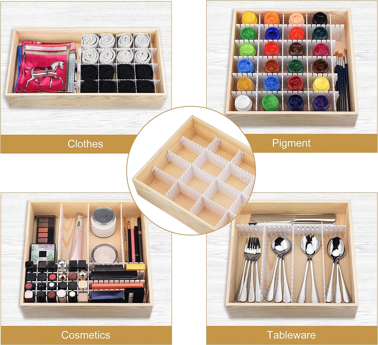 Wooden organizer with compartments for clothes, pigment, cosmetics, and tableware.