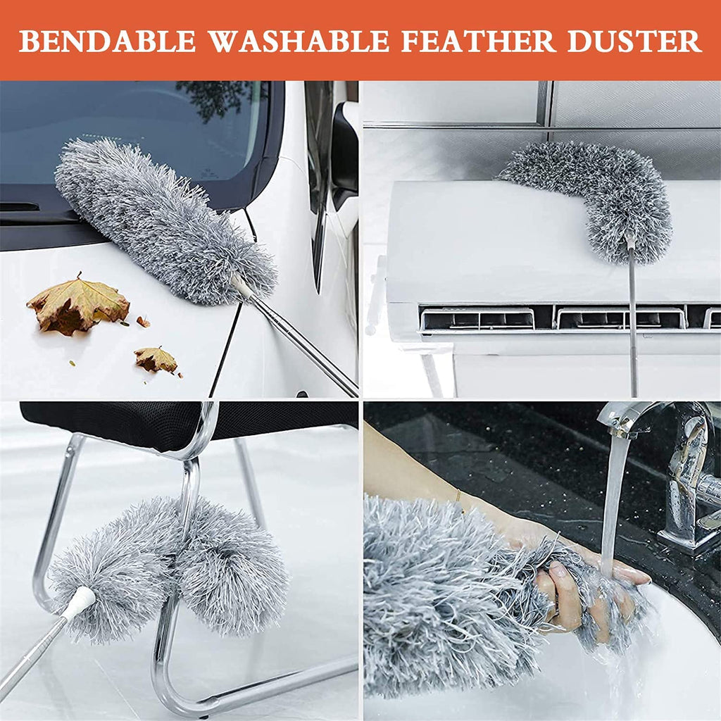 Bendable washable feather duster being used on various surfaces including a car, chair, and table.