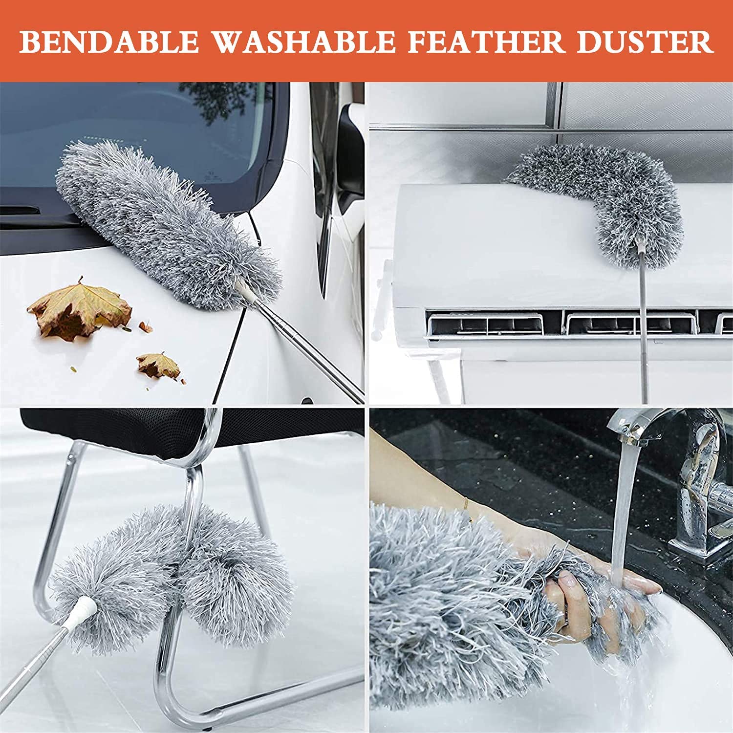 Bendable washable feather duster being used on various surfaces including a car, chair, and table.