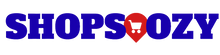 Logo of 'ShopsOozy' with blue text and a red shopping cart icon on a white background